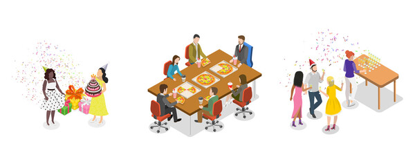 3D Isometric Flat  Illustration of Office Team Events, People Having Fun