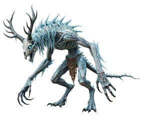 Fototapeta premium A scary wendigo creature with big claws and antlers, horror illustration