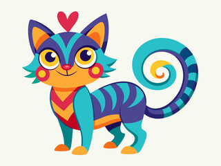 Cute Cartoon Cat with Swirling Tail Vibrant Colors
