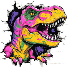 Vibrant street art of a multicolored T-Rex dinosaur breaking through a cracked wall, combining comic style and urban graffiti. Generative by AI
