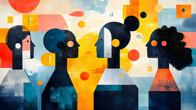 Colorful abstract figures in profile, interacting in a dynamic composition.