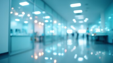 Modern office hallway is illuminated with bright lights and bustling with quiet activity during working hours