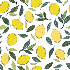 Lemon repeated background. Lemons and leaves hand drawn. Colorful tropical summer seamless pattern. Yellow lemon simple flat style vector illustration. Fruit branches on a white background.
