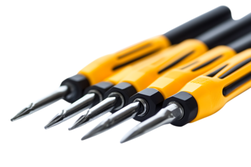 A stock photo of a yellow and black screwdriver set isolated on a white background