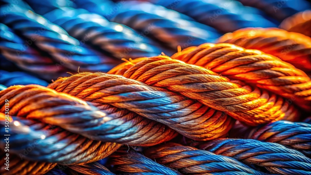 Poster a close-up view of a knotted rope with intricate details, revealing the complex interplay of texture