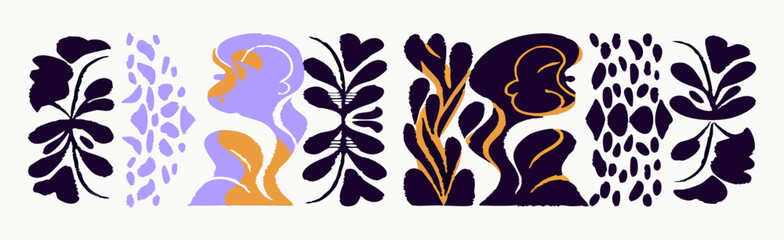 Abstract Floral and Figure Design Pattern - Purple, Orange, Black