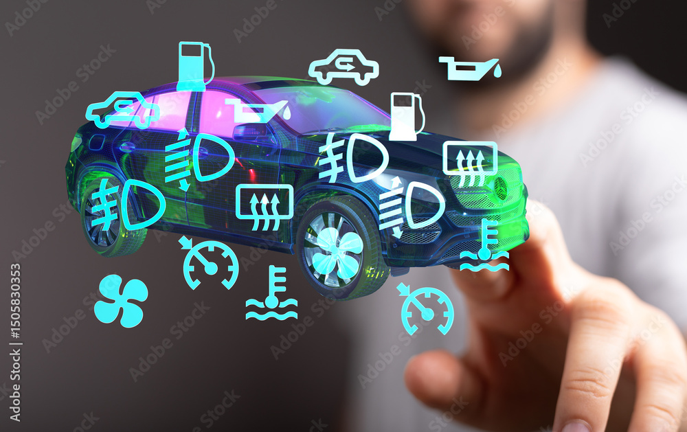 Poster Modern car diagnostics.  Interactive dashboard display showing vehicle status and alerts.