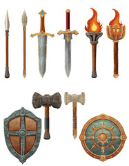 detailed vector illustration showing a variety of fantasy and ancient weapons and shields the image features swords, axes, hammers, spears, and torches, along with intricately designed round and tradi