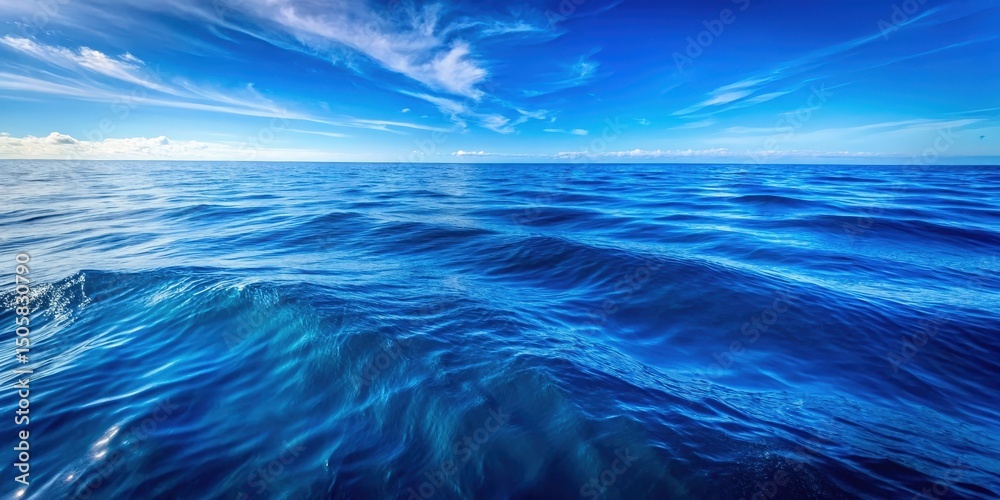 Poster a vast expanse of deep blue ocean waters with gentle rolling waves under a sky filled with soft, whi
