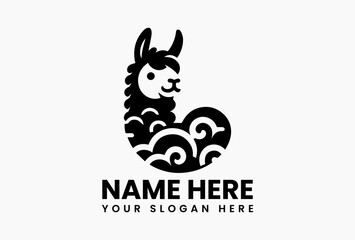 Stylized black and white vector logo of a llama head with intricate patterned fur on plain background