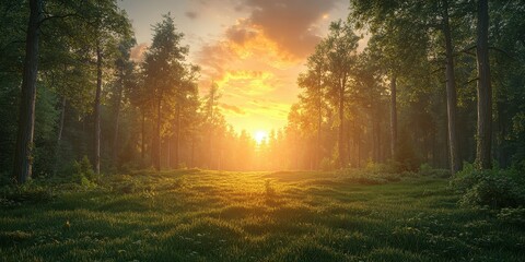 A landscape with trees and a glowing sun symbolizing the positive effects of environmental conservation and renewable energy.