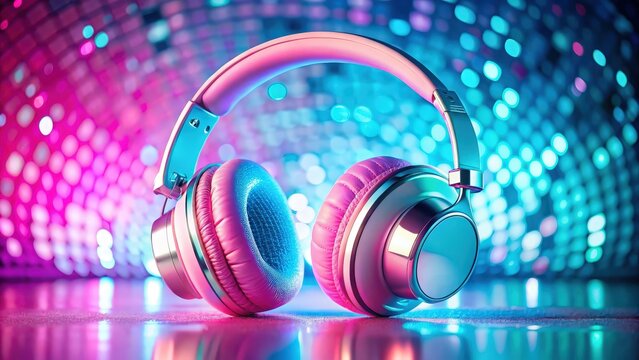 Pink headphones with silver accents in a vibrant blue and pink bokeh background