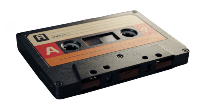 Realistic Photo of a Vintage Cassette Tape Isolated on Transparent Background