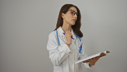 Woman doctor in white coat with stethoscope and glasses holding a notebook on an isolated white...