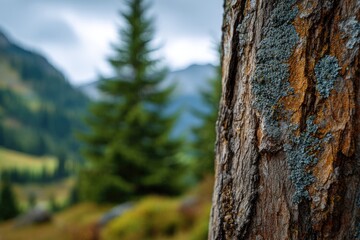 Obraz premium Close-up of weathered tree trunk, mountainous backdrop