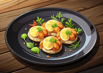 Delicious seafood appetizer on dark plate