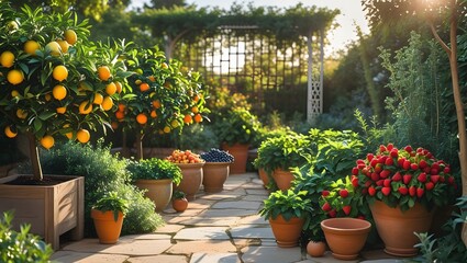 Obraz premium Well-Maintained Garden Featuring Large Pots and Barrels