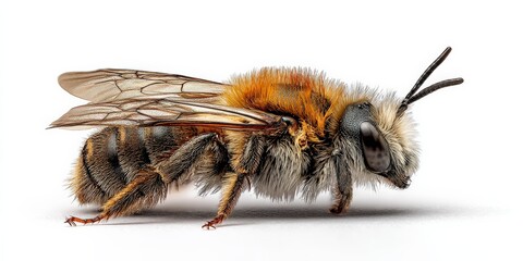 Close-up of a fuzzy bee with translucent wings against a white background.