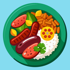 Delicious breakfast plate with sausages rice and beans