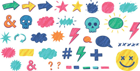 Obraz premium Colorful hand-drawn doodles with arrows, symbols, and shapes