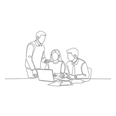 Vector art of Business team collaborating on a project, isolated on white background, continuous line drawing of colleagues working together in a modern office environment