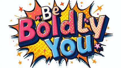 Be Boldly You Bold Pop Art 3D Letters, Halftone Dots and Thick Shadows, Vibrant Pride Colors, Comic Burst Background with Speech Bubbles and Starburst Patterns, Playful Punchy Eye-Catching Design