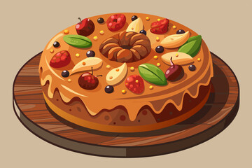 Delicious fruit cake on wooden platter