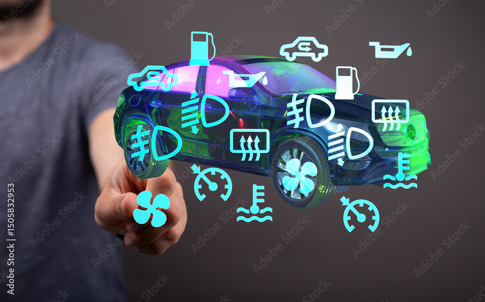 Poster stock photo of a man interacting with a digital car showing warning lights and diagnostic symbols.