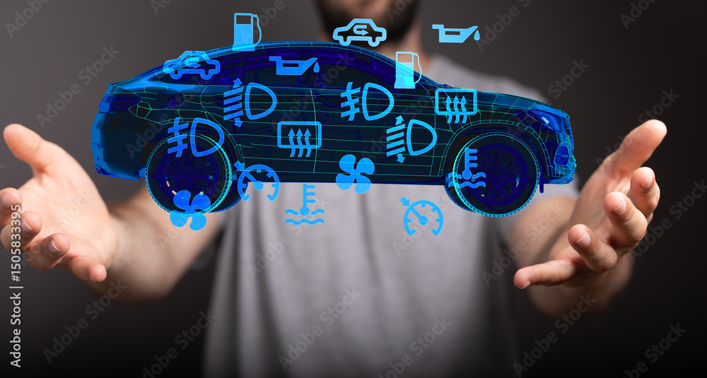 Poster a man displays a digital car with illuminated warning lights and icons. perfect for automotive techn