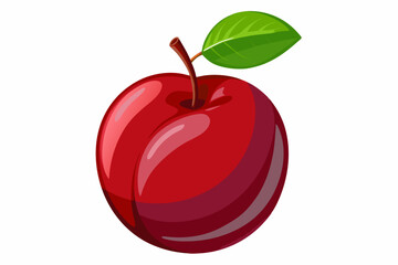 Single red plum with green leaf illustration