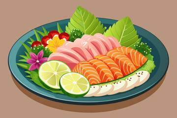 Delicious sashimi platter with salmon and tuna