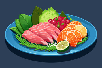 Delicious sashimi platter with fruit and wasabi