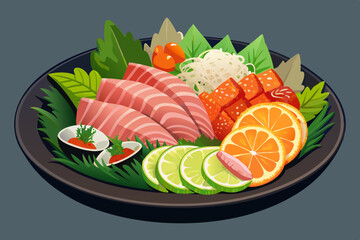 Delicious japanese sashimi platter with citrus