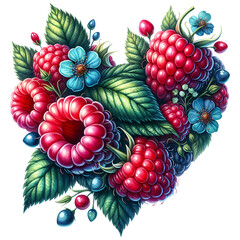 Sweet summer fruits raspberry heart isolated on white background