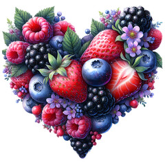 Sweet summer fruits wild berries heart isolated on white background
