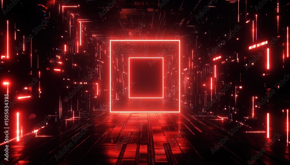 Poster glowing neon rectangular frame on dark background: empty techno backdrop with shining effects. illum