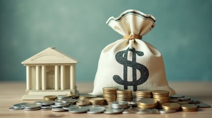 Dollar money bag and government bank building. Budgeting and tax collection. State debt. GDP and GNP. Placing deposits and lending loans. Monetary policy. Supporting businesses during crises.