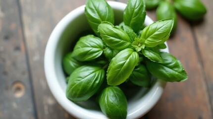 Fresh basil leaves in a white bowl from above 
