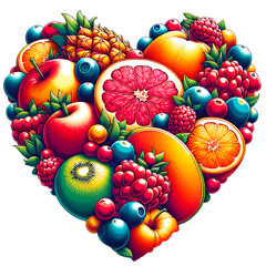 Sweet summer tropical fruits and berry heart isolated on white background