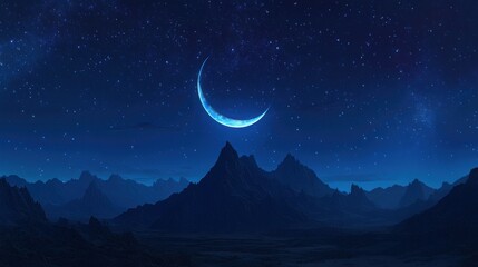 Starry Night Over Majestic Mountain Landscape with Crescent Moon and Serene Twilight Sky