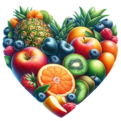 Sweet summer tropical fruits and berry heart isolated on white background