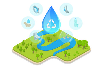 3D Isometric Flat  Illustration of Water Saving, Controlling Liquid H2O Resources