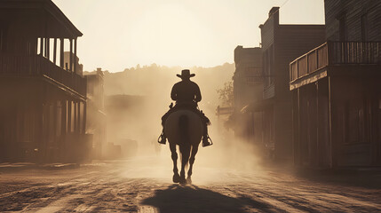 Cowboy riding a horse on a dusty street in old west town silhouetted against sunlight cinematic movie still photo realistic