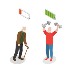 3D Isometric Flat  Illustration of Active And Inactive Person in Old Age, Happy and Healthy Aging