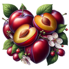 Sweet summer fruits plums heart isolated on white background