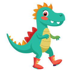Obraz premium Adorable cartoon dinosaur wearing boots walking and smiling on a white background illustration