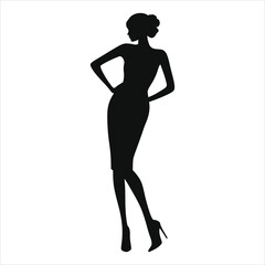 (Peep-toe heels)Vector Silhouette of a Woman in Fashionable Dress/A striking silhouette of a woman, poised and confident, wearing a stylish dress and high heels.