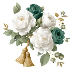 Emerald and white roses with golden tassels, clean PNG
