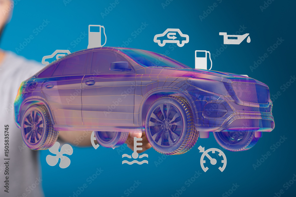 Poster modern car checkup. digital interface shows service needs.