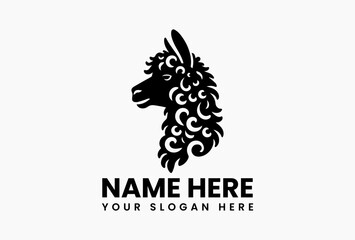 Minimalist black and white llama head vector logo with decorative fur patterns isolated on plain background © vectorvovdesign